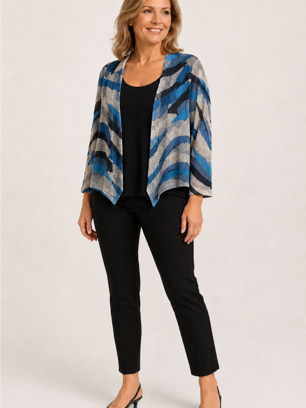 ZOZO XL Linen Blend Abstract Wave Open Cardigan Blue Gray